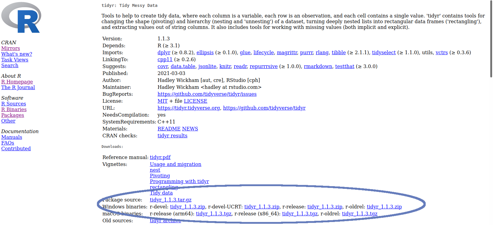 Location of source / binary files for `tidyr`